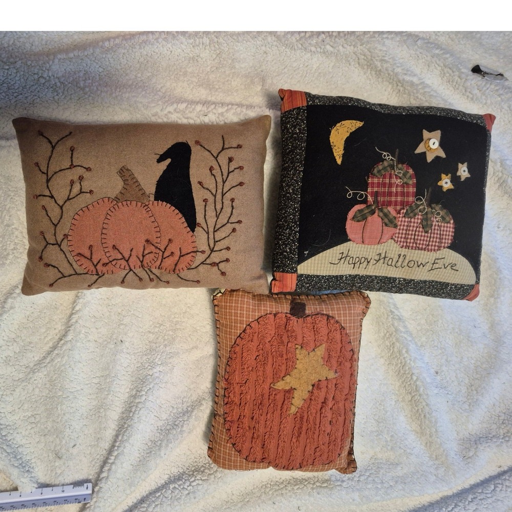 3pc Primitive Halloween Decorative Pillows Crow Pumpkin Happy Hallow Eve Rustic